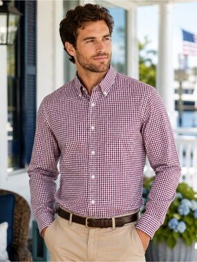 Nautica Men’s Classic Fit Burgundy White Gingham Button Down Shirt